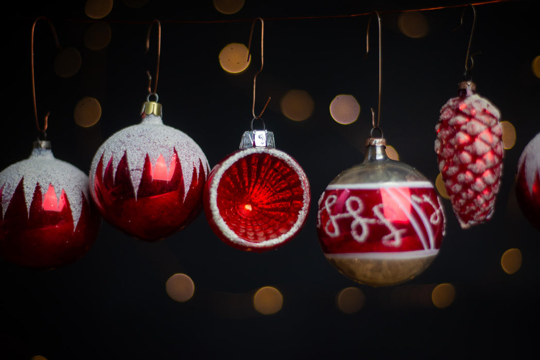Vintage GDR Red and White Christmas Ornaments, Thin Glass Baubles & Pinecone 60s