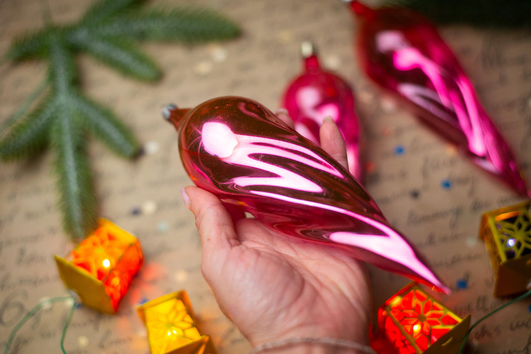Pink Glass Icicle Christmas Ornaments, Vintage Set of 3
