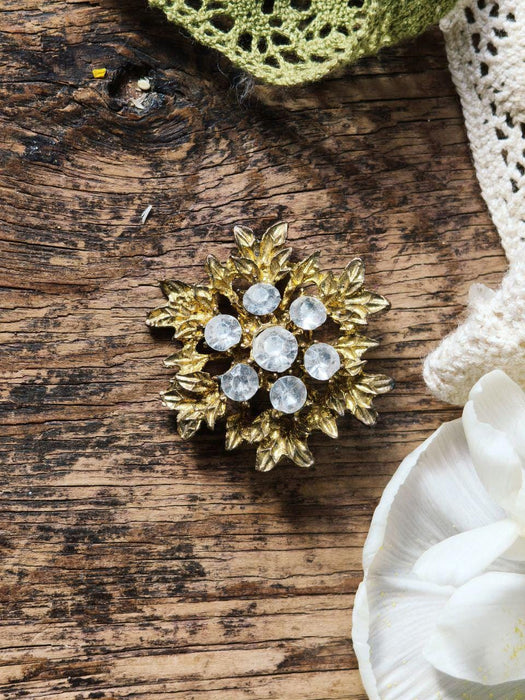 Vintage Rhinestone Brooch, Gold Tone Statement Pin Mid Century Elegant Jewelry