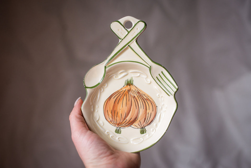 Small vintage ceramic appetizers plates, carrot, onion, cucumber pattern, Rustic tableware