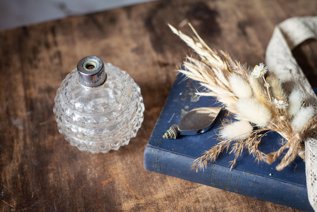 Vintage Glass Perfume Bottle, Textured Vanity Scent Decanter with Metal Stopper