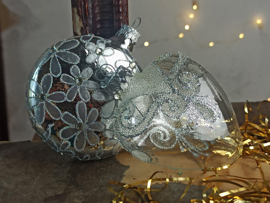 Hand-Blown Glass Christmas Ornament Set, Frosted Hearts