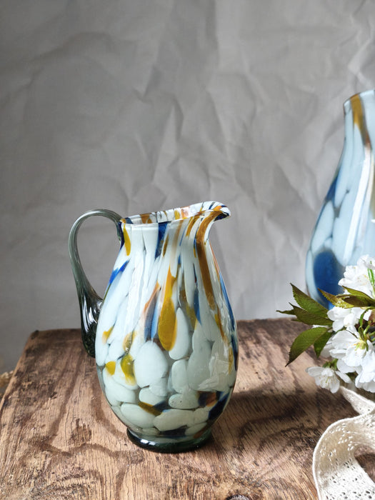 Murano Style Glass Pitcher, Hand-Blown 1970s Colorful Jug Vase In