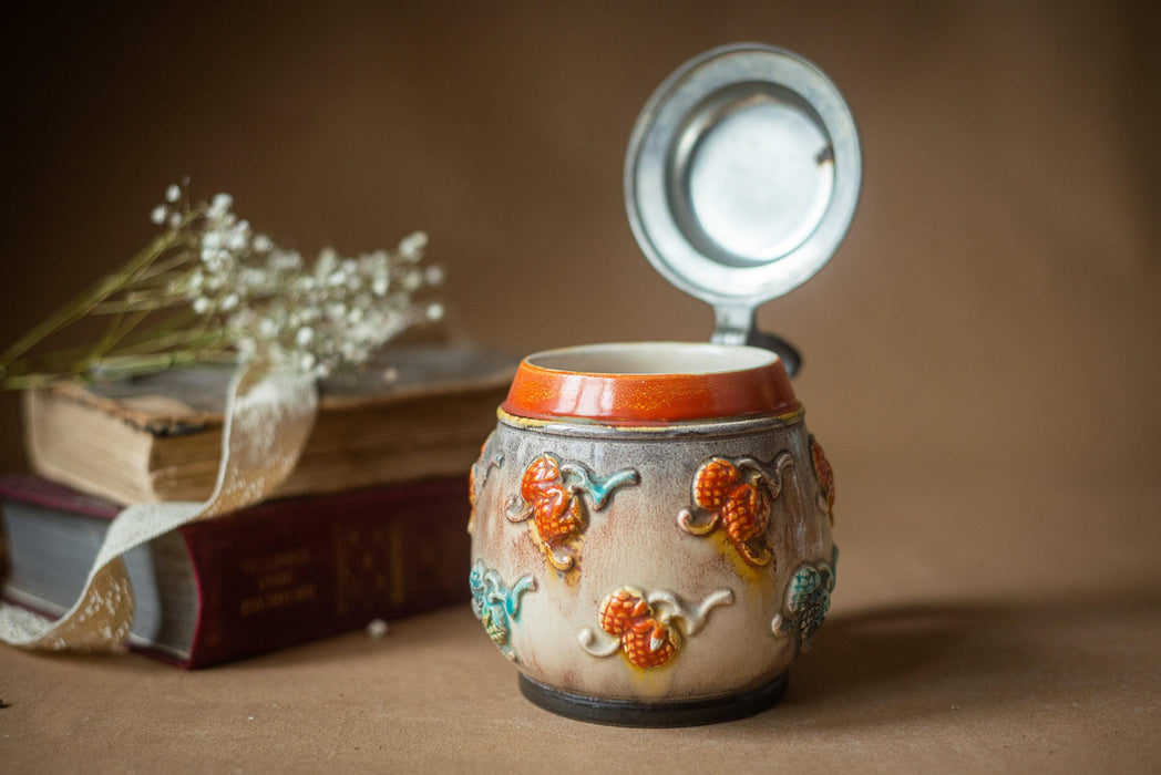 Vintage Ceramic Beer Stein with Lid Handpainted Rustic Floral Tankard