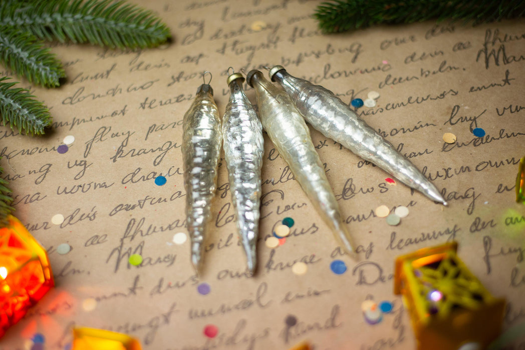 Silver Glass Icicle Christmas Ornaments, Set of 4 – 11 cm