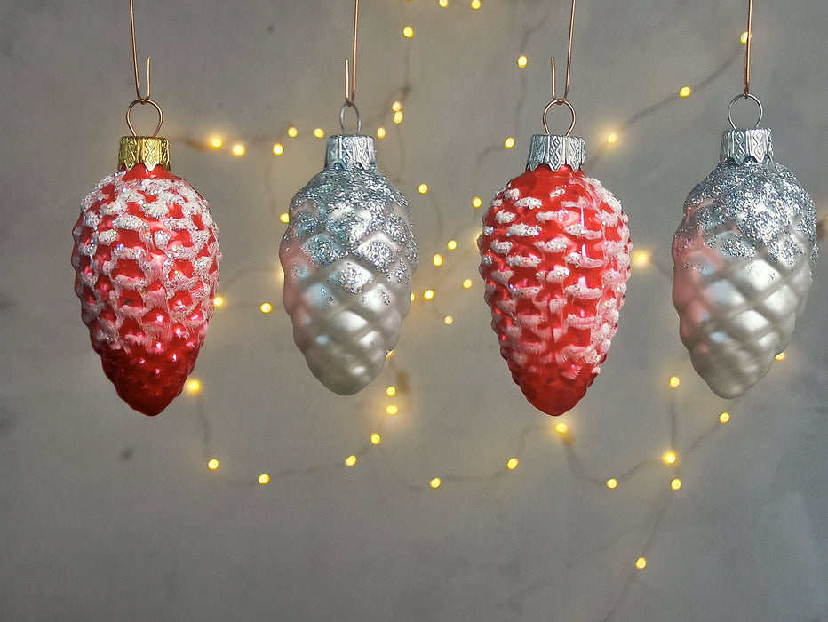 Glass Pine Cone Ornament with Snow, Hand-Painted Bohemian