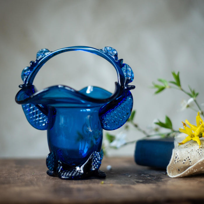Cobalt Blue Glass Basket, Vintage Murano-Style Candy Dish