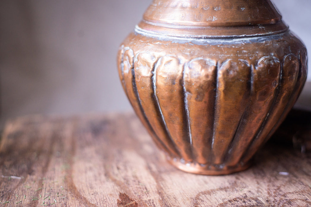 Vintage brass pitcher, metal water jug, rustic metal flower vase,