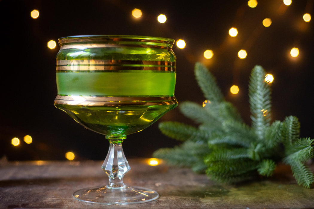 Mid-Century Green Crystal Compote Bowl: Gold Trim Vase, 1970s Decor