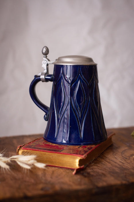 Vintage Cobalt Blue Beer Stein Bavarian Ceramic Mug with Lid