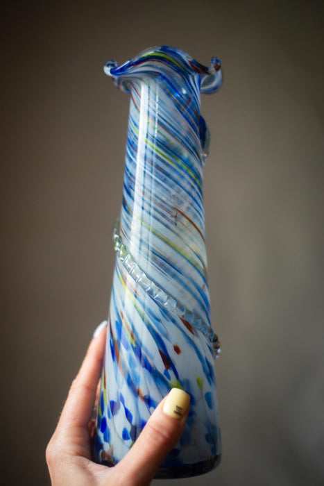 Murano Glass Vase, vintage Blue White Cobalt Swirl Mid Century, Boho flower vase