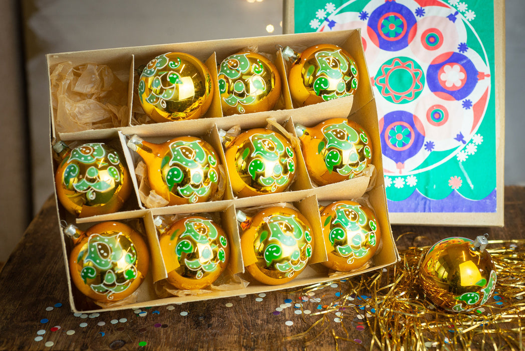 Vintage Glass Christmas Ornaments Gold Green Hand-Painted Box Set