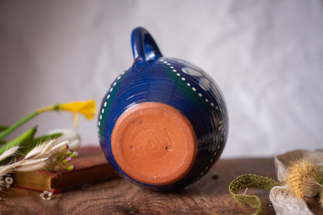Blue Ceramic Pitcher with Daisies – Rustic German Farmhouse Jug