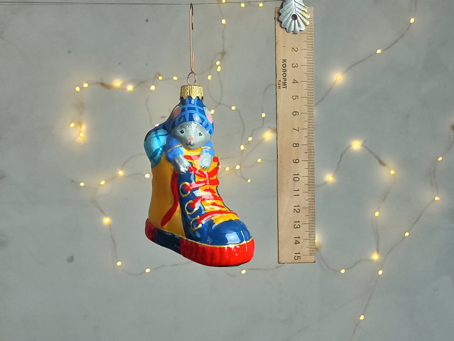 Vintage Glass Mouse Ornament in Shoe, Hand Painted