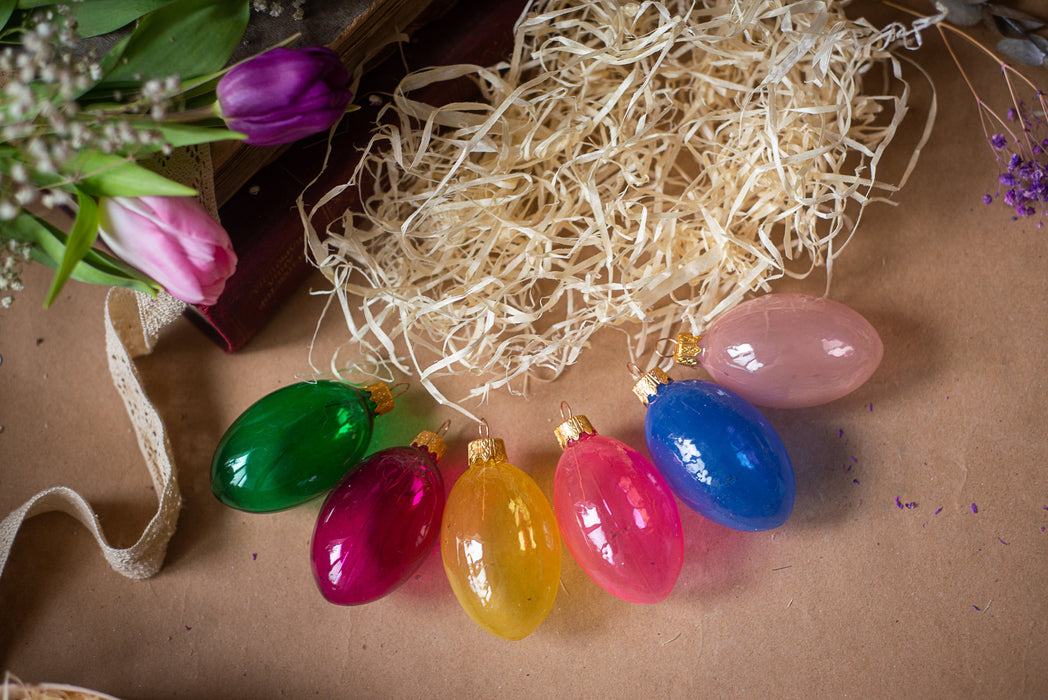 Glass Easter Eggs - Hand-Blown Colorful Hanging Ornaments in Wooden Box Storage