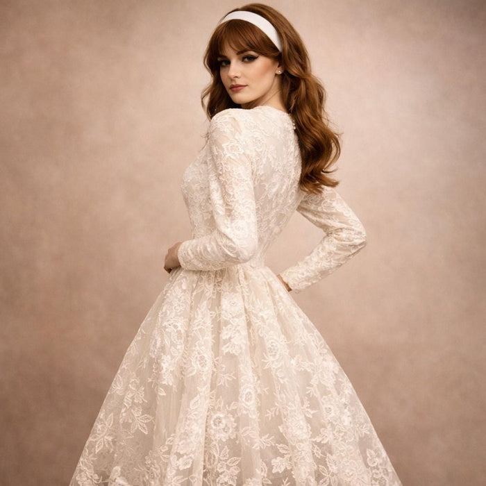 1950s Vintage Wedding Dress – Ivory Lace Tulle Tea Length Gown With Long Sleeves