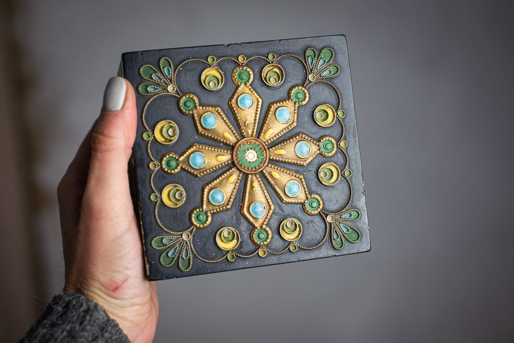 Vintage Wooden Trinket Box with Floral Enamel and Brass Inlay Jewelry Storage