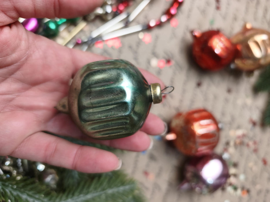Vintage Glass Christmas Ornaments Set of 5, Ribbed Lantern Baubles, 1970s