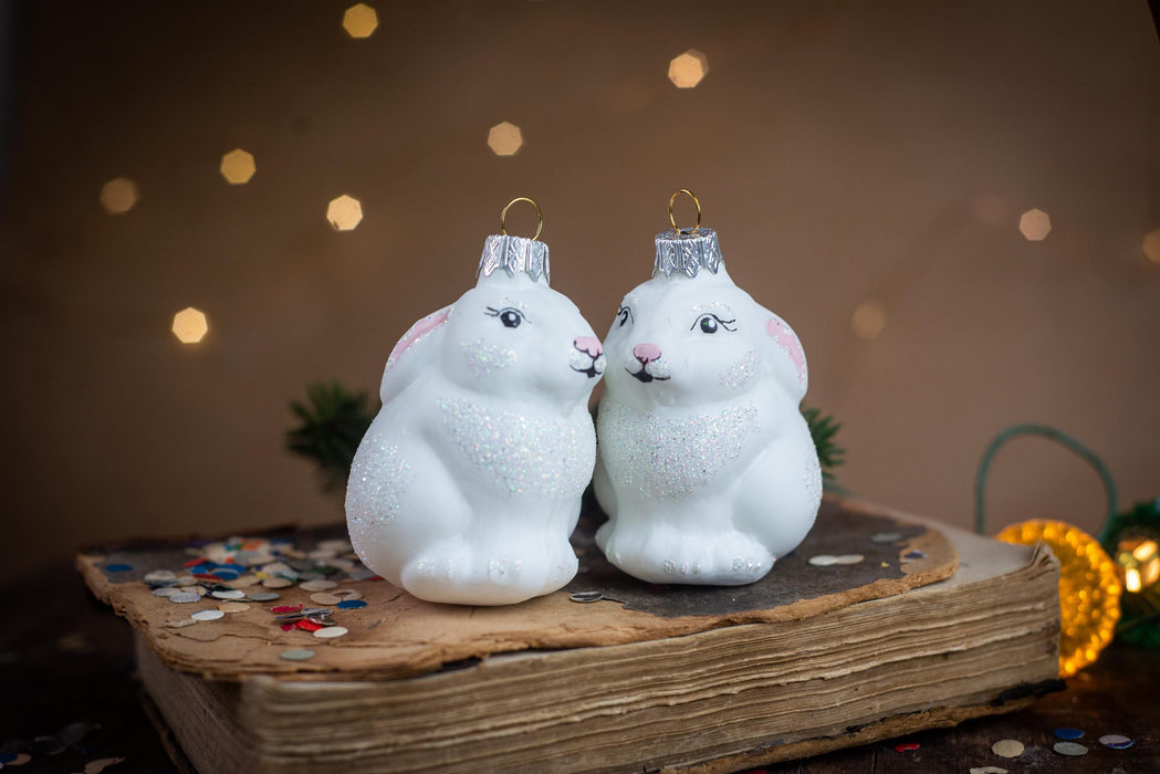 Glass rabbit ornament, Christmas ornament, white rabbit Xmas tree decoration, woodland rustic Christmas decor