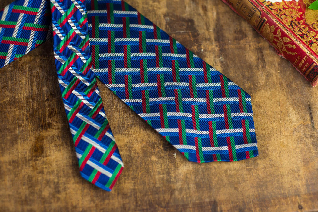 Vintage Designer Silk Neckties, Geometric Blue Red Tie Collection, Wedding Necktie