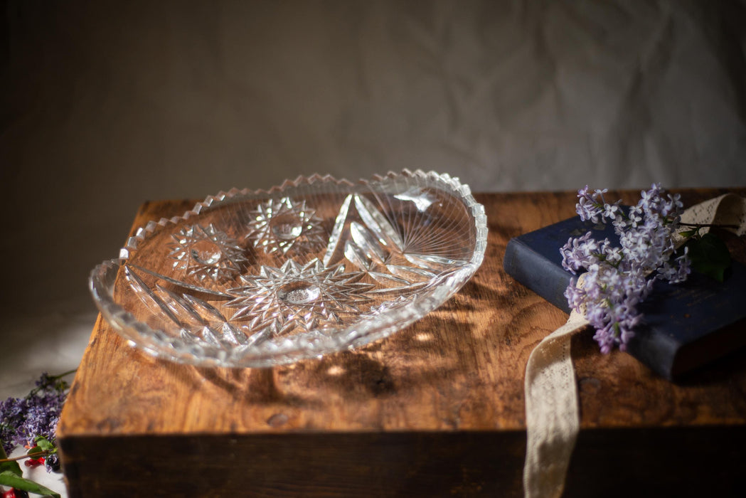 Vintage Crystal Serving Plate - Oval Crystal Platter | Cut Glass Tray Snack Serving Platter