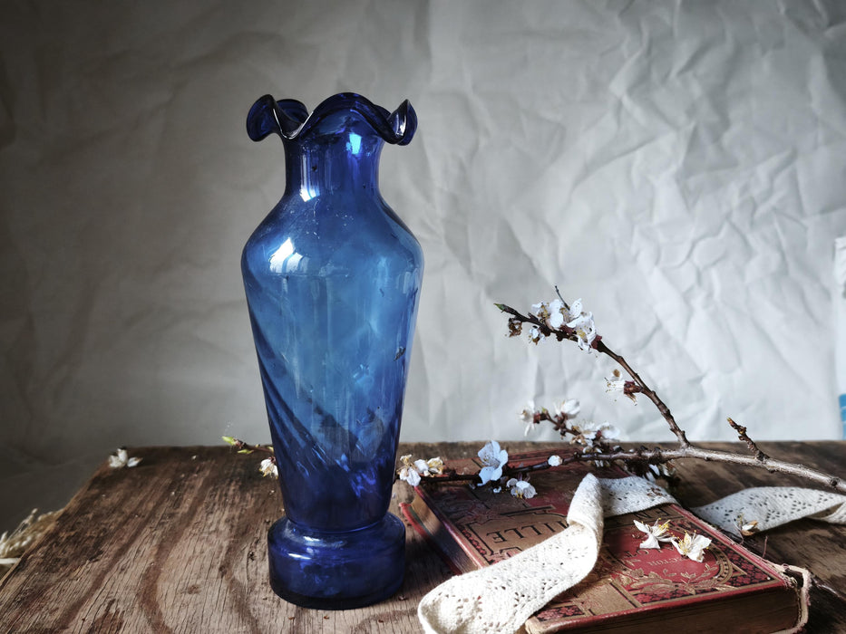 Cobalt Blue Glass Vase Mid Century, Tall Retro Aesthetic Decor