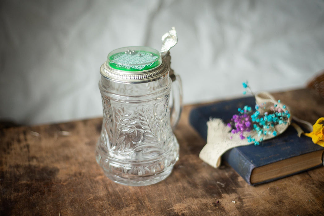 Vintage Glass Beer Mug with Game Lid, German Stein Tankard Barware
