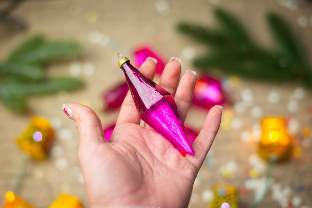 Vintage Pink Faceted Glass Christmas Ornaments Set of 7, 1950s Baubles