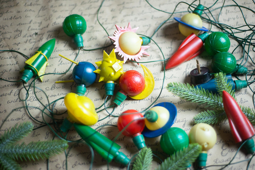 Vintage Space Christmas Lights, Rocket Tree Garland, Working Retro Christmas String Lights
