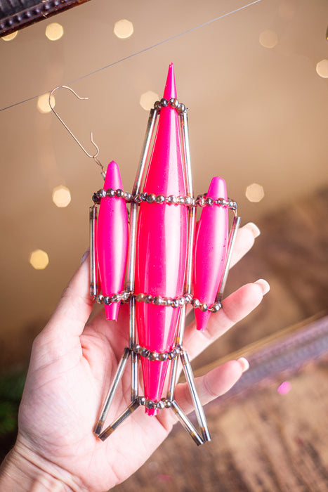 Vintage Rocket Ornament, Hot Pink 1950s Glass Beaded Montage