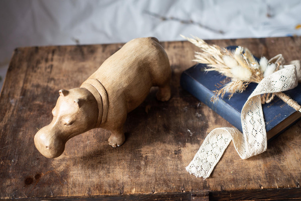 Wooden Hippo Figurine, Vintage Hand-Carved Solid Wood, 11x4.9 In