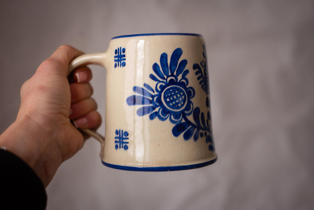 Vintage Bavarian Beer Mug Hand Painted Ceramic Stein Blue Floral Germany