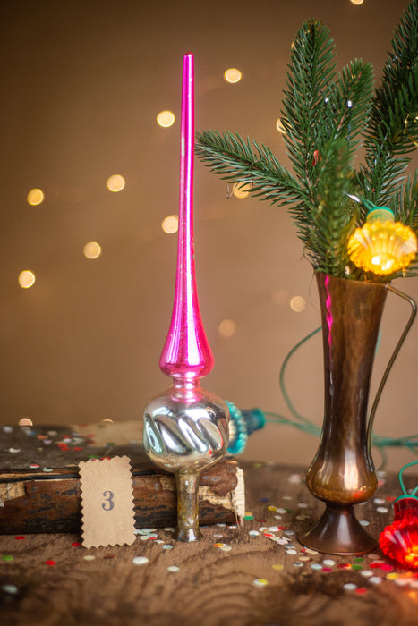Vintage Silver & Pink Glass Christmas Tree Topper – 1960s