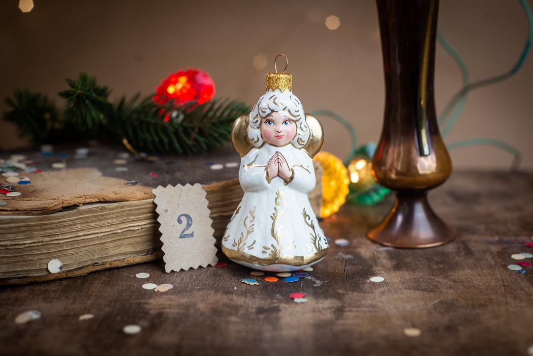 Vintage Glass Angel Ornament, White Christmas Tree