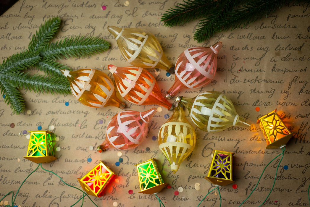 1950s Pink Yellow Glass Drop Ornaments – Set of 7