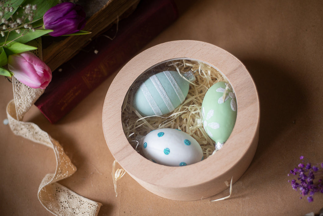 Hand Blown Glass Easter Eggs Set, Pastel Spring Decor with Wooden Box Option