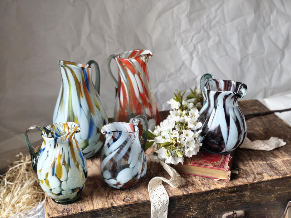 Murano Style Glass Pitcher, Hand-Blown 1970s Colorful Jug Vase In