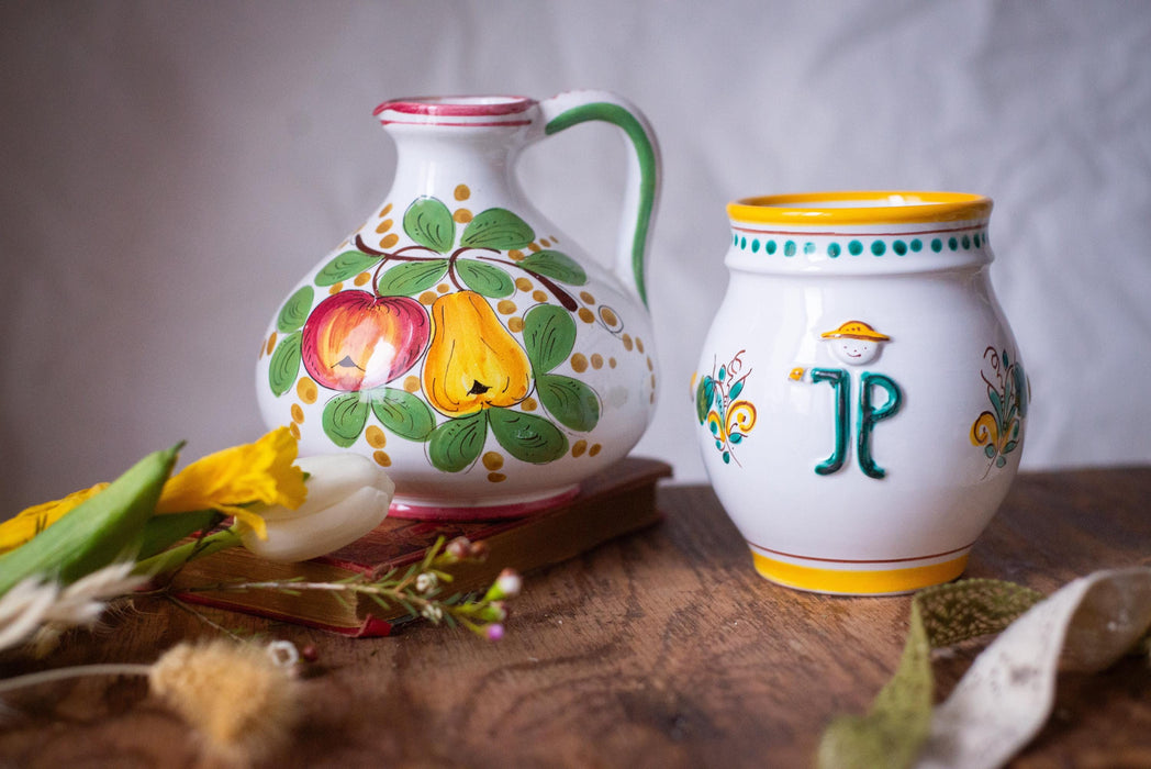 Vintage Italian Majolica Pitcher 1970s Hand Painted Ceramic Jug