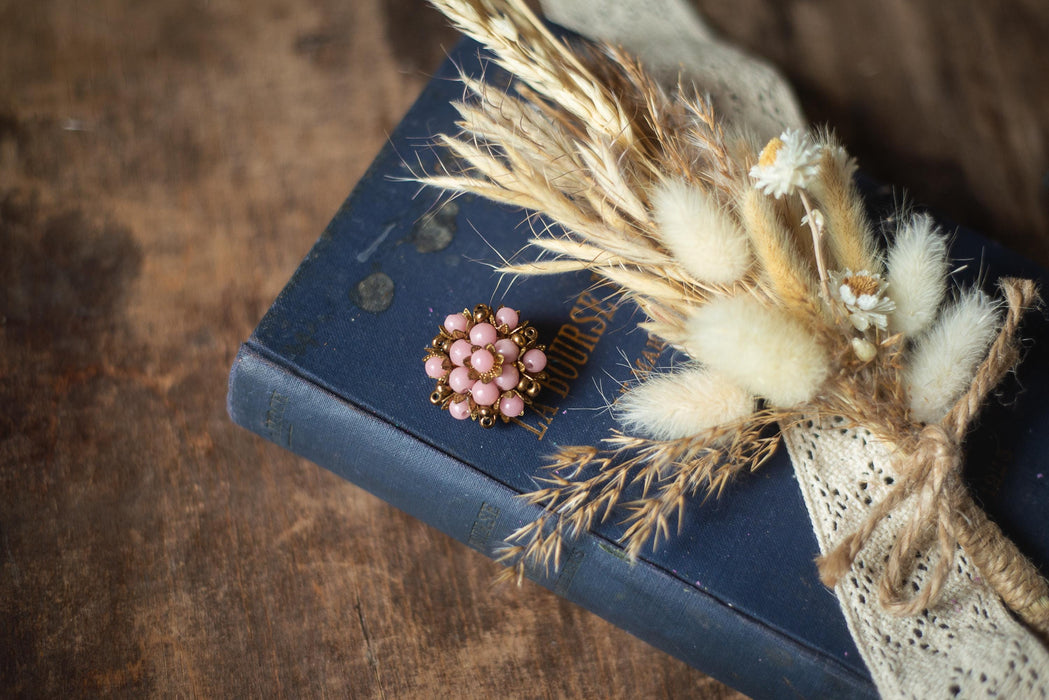 Vintage Pink Floral Brooch, 1970s Brass Tone Pin with Glass Beads