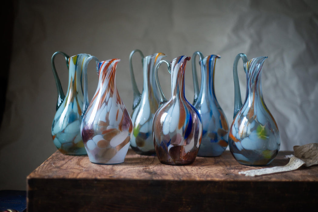 Murano Style Vintage Pitcher, Mid Century Art Glass Jug, Hand Blown Water or Wine Decanter
