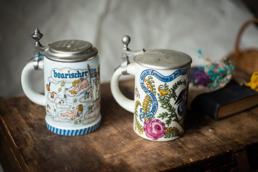 Vintage German Ceramic Beer Steins with Pewter Lids Folk Art Barware
