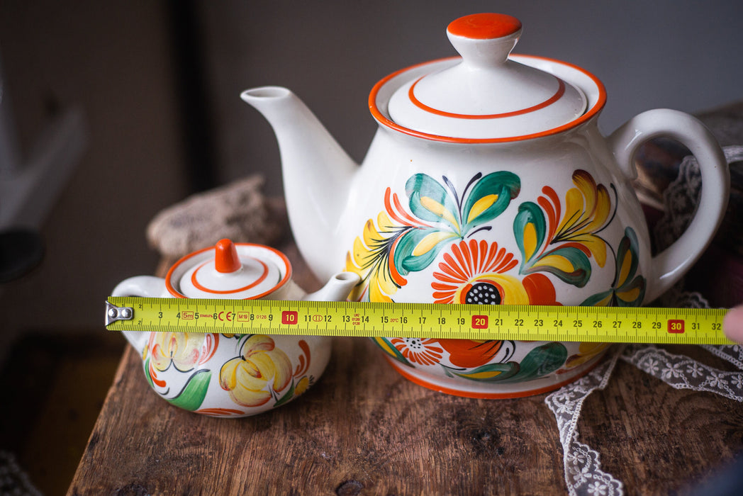 Vintage Ceramic Teapot Set with Petrikivka Flowers, Hand Painted Folk Art Tea Duo