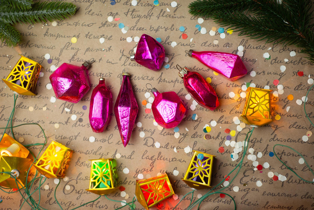 Vintage Pink Faceted Glass Christmas Ornaments Set of 7, 1950s Baubles