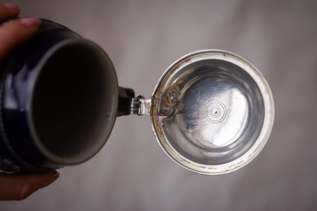 Vintage Cobalt Blue Beer Stein Bavarian Ceramic Mug with Lid