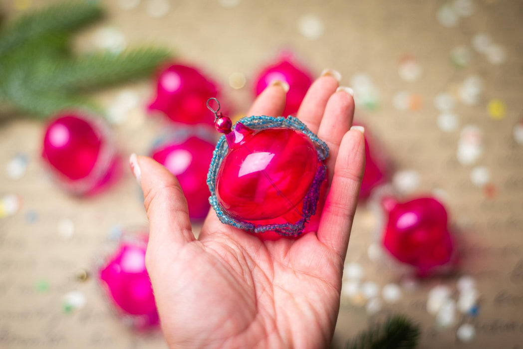 Vintage Pink Beaded Glass Ornaments – Set of 8