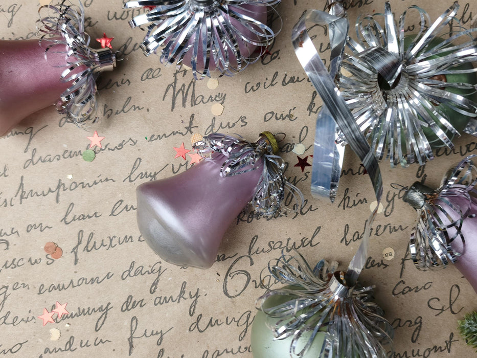 Vintage Frosted Glass Ornament Set – Purple & Green GDR