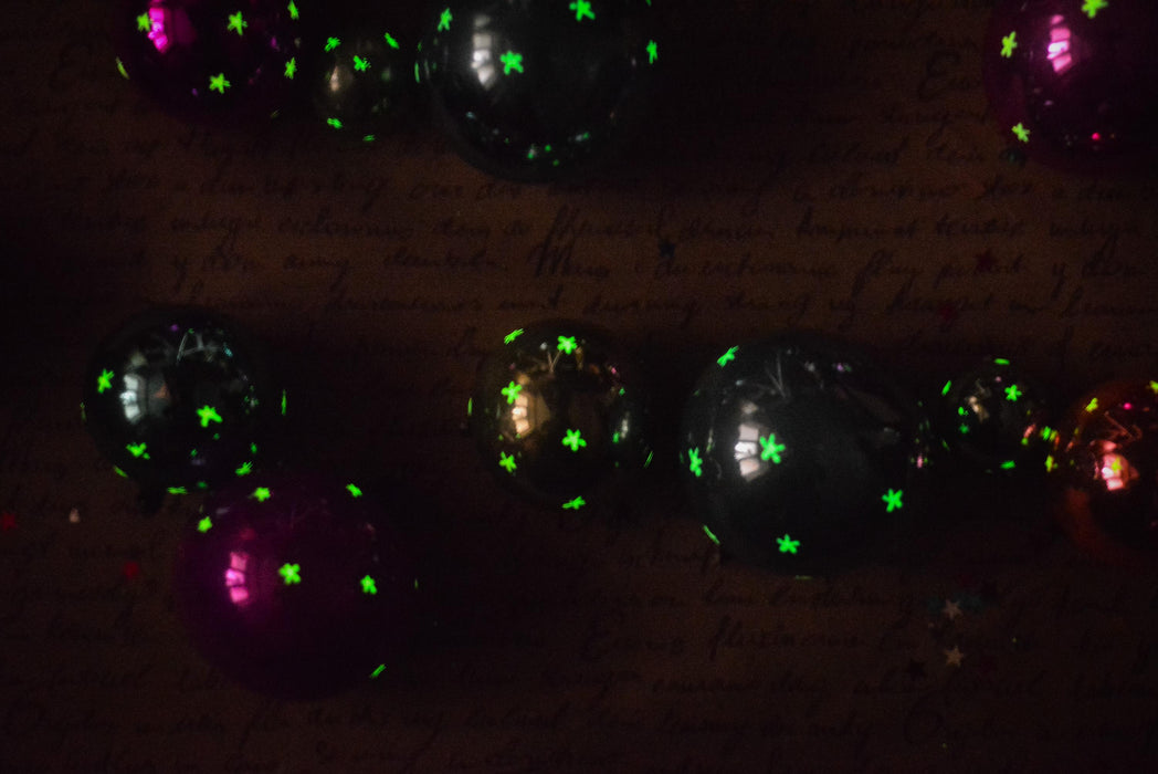 Vintage Glass Christmas Ornaments Set, Glow in Dark Stars, 1970s Teal Pink Balls