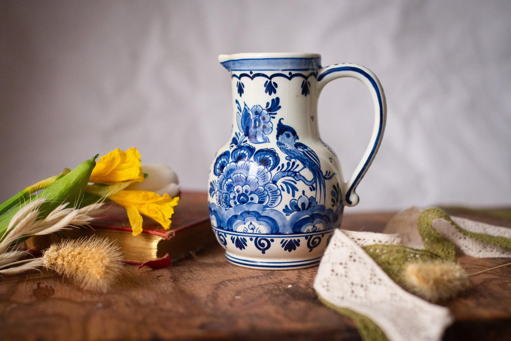 Hand-painted Delft Blue pitcher, flowers and birds, Holland Vintage Ceramic