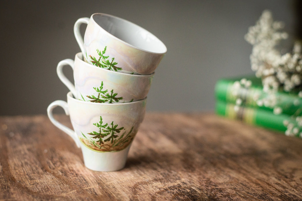 Vintage Porcelain Mini Teacup Set: Pearlescent Pine Design, USSR 1970s