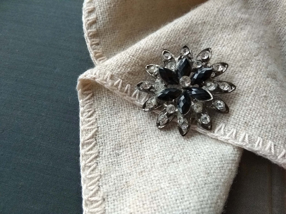 Vintage Black Flower Brooch, Rhinestone Floral Lapel Pin, Retro Jewelry Gift